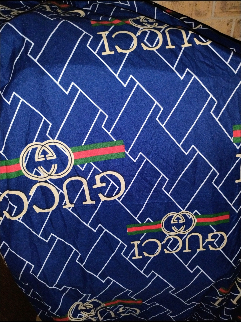 Gucci Navy Blue Logo-Print Fabric with Green and Red Stripes